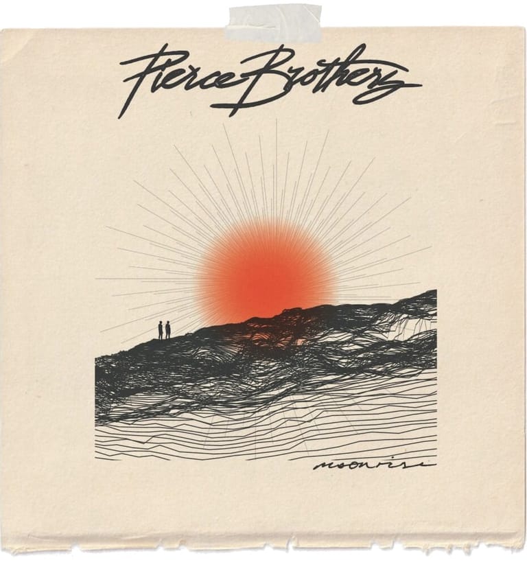 Pierce Brothers album cover featuring a stylised red sun rising over a textured landscape with two figures silhouetted against it.