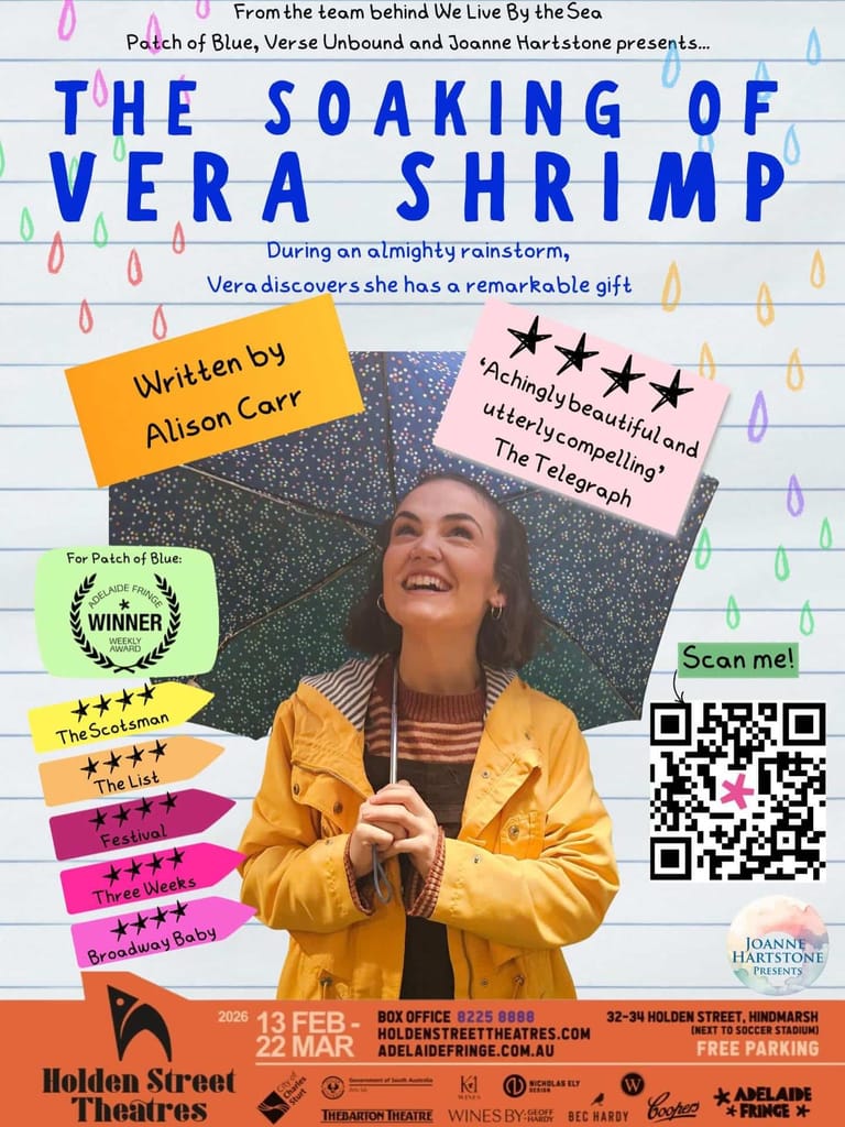 Woman in a yellow raincoat smiles whilst holding a grey umbrella against a colourful raindrop-patterned background.
