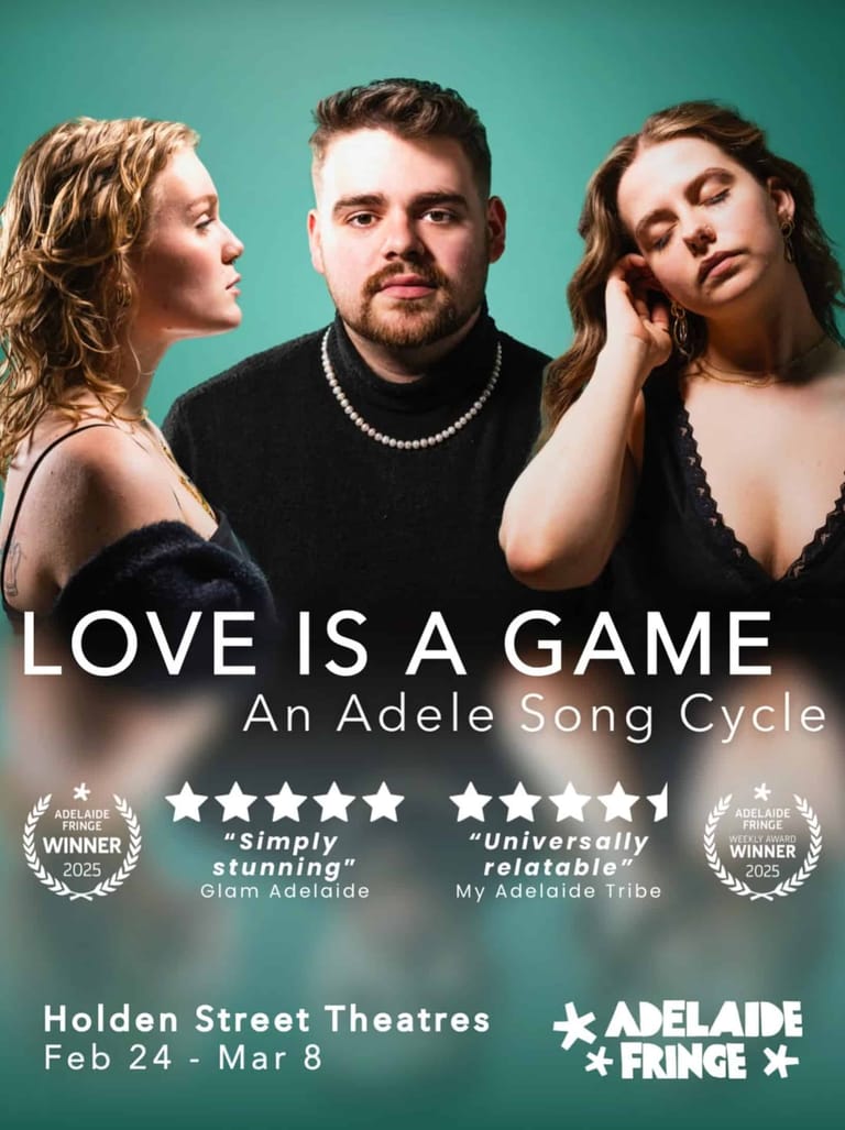 Three performers pose against a teal background for the theatrical production "Love is a Game: An Adele Song Cycle".