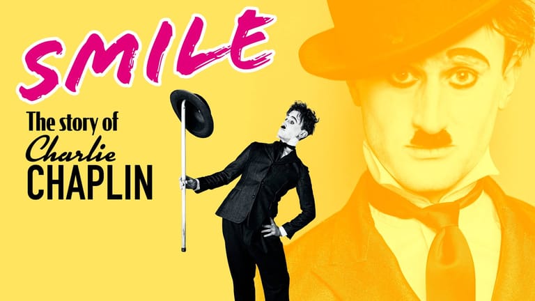 Actor in bowler hat and suit striking a comedic pose beside "Smile: The Story of Charlie Chaplin" promotional artwork on golden yellow background.