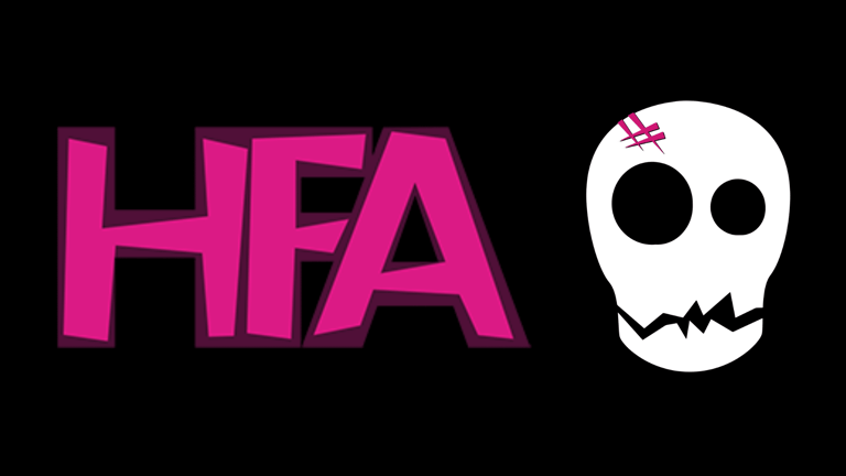 Bright magenta "HFA" text and white skull logo with stitched mouth on black background.