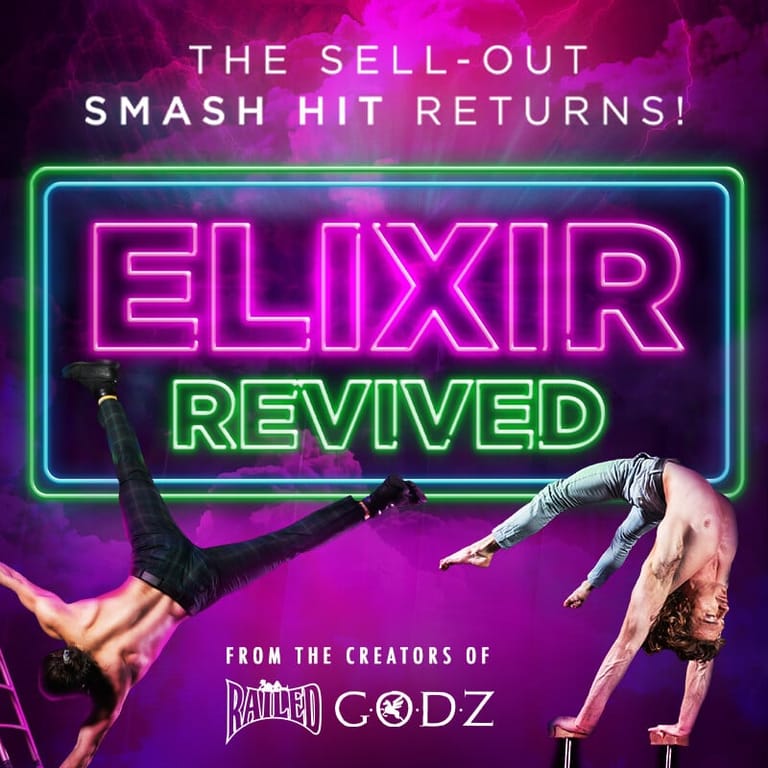 Neon-lit promotional poster for Elixir Revived featuring two acrobats performing inverted poses against a vibrant purple background.