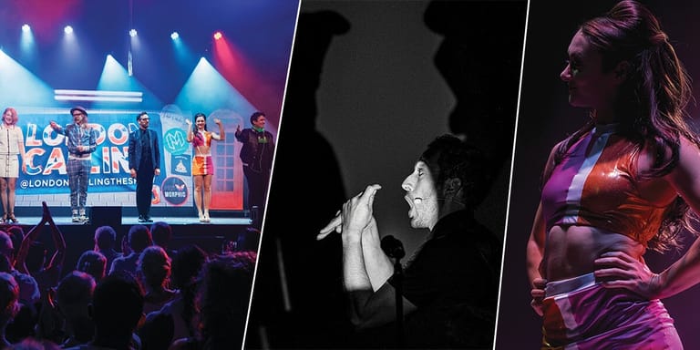 Three performance scenes: colourful stage production with ensemble cast, silhouetted intimate moment between two figures, and solo performer in purple stage lighting.