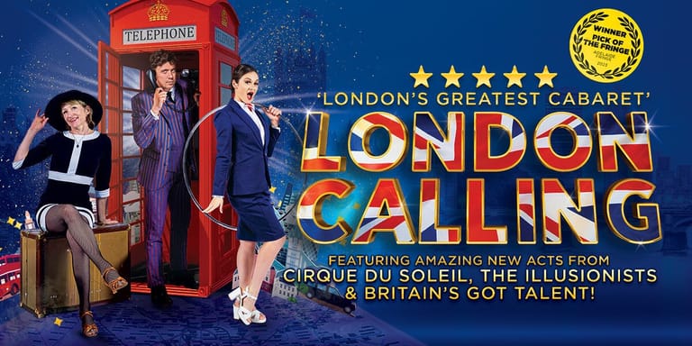Performers in glamorous costumes posed around a red British phone box, with "London Calling" text and five-star rating displayed.