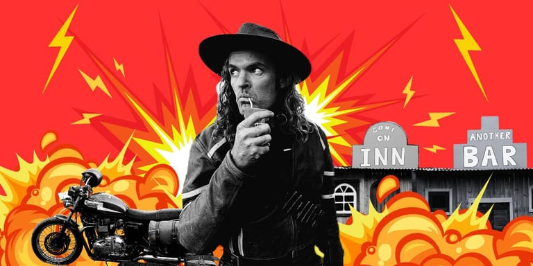 Person in black hat and leather jacket posed against explosive red and yellow background with motorcycle and bar signage.
