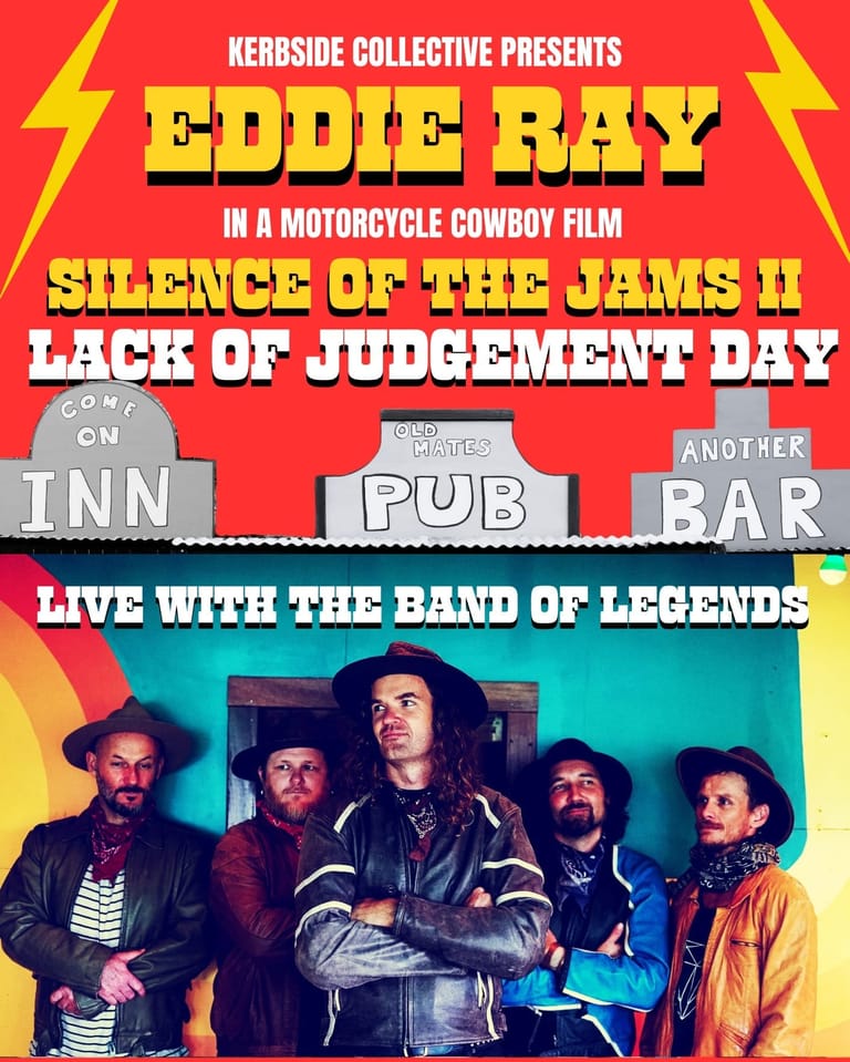 Five band members stand against a vibrant turquoise and yellow backdrop, wearing leather jackets and casual attire for a live performance poster.
