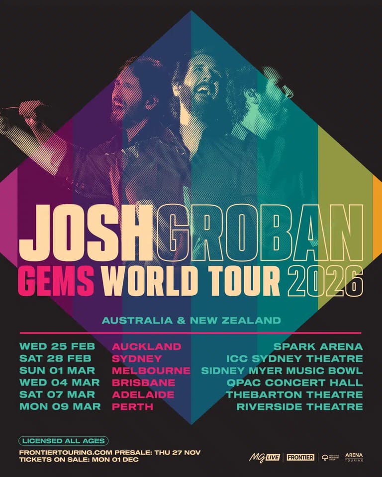 Singer performing against a vibrant geometric prism backdrop featuring tour dates across Australian and New Zealand venues.