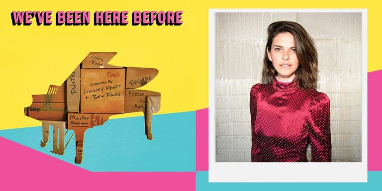 Woman in a burgundy patterned shirt beside an illustrated grand piano against a colourful geometric background.