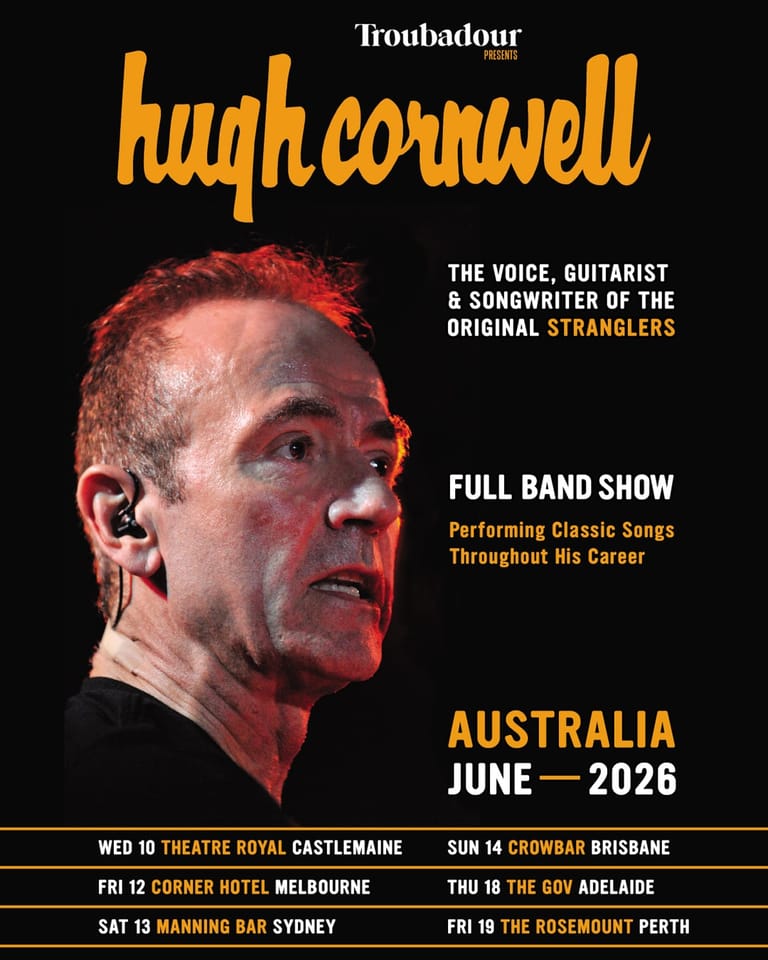 Musician Hugh Cornwell performing in profile, lit by stage lighting, with tour dates listed for Australian venues in June 2026.