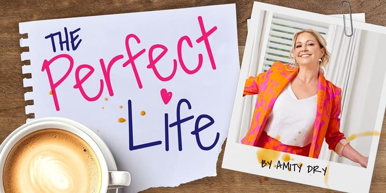 Handwritten show title "The Perfect Life" on a notepad beside a photo of a smiling woman in an orange and red jacket, with a coffee cup visible.
