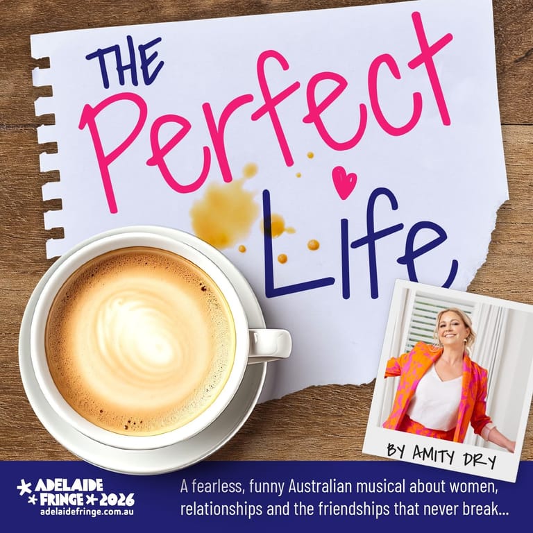Handwritten "The Perfect Life" notebook beside a latte with latte art and a small photo of a woman in an orange jacket.