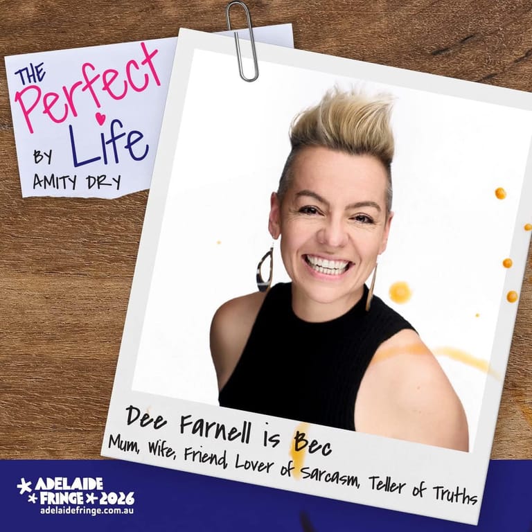 Promotional image for Amity Dry's "The Perfect Life" featuring a headshot of a smiling performer with blonde spiky hair against a white background.