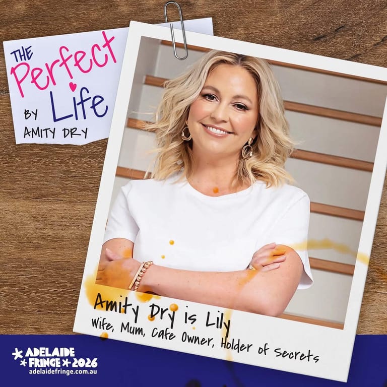 Polaroid-style photo of a blonde woman in a white shirt holding a drink, with handwritten "The Perfect Life by Amity Dry" note attached.