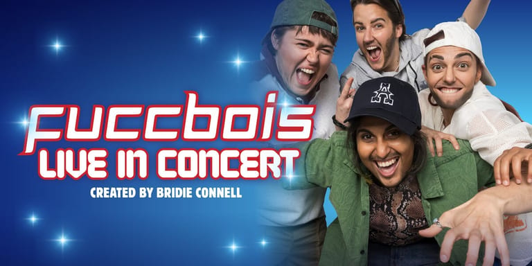 Four performers in casual hats and caps posing together against a blue starlit background with pink neon text reading "Fuccbois Live in Concert".