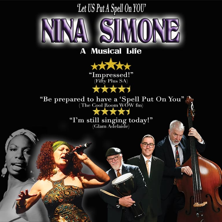 Performer in gold sequined dress sings centre stage with jazz ensemble including upright bass player and musicians in formal attire.