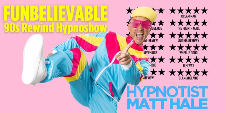 Hypnotist Matt Hale in bright blue and pink 90s-style outfit strikes a dynamic pose against a pink background with stars.