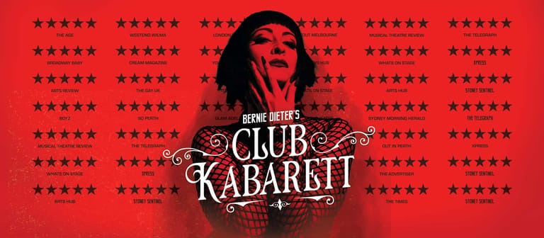 Performer with dark hair and red lipstick against a bright red backdrop printed with five-star ratings and Club Kabarett branding.