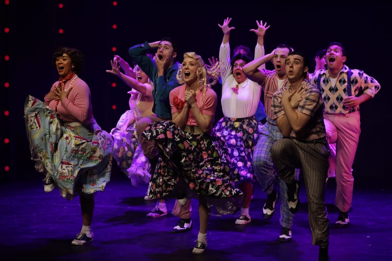 Ensemble cast of performers in colourful costumes dancing together on a purple-lit stage.