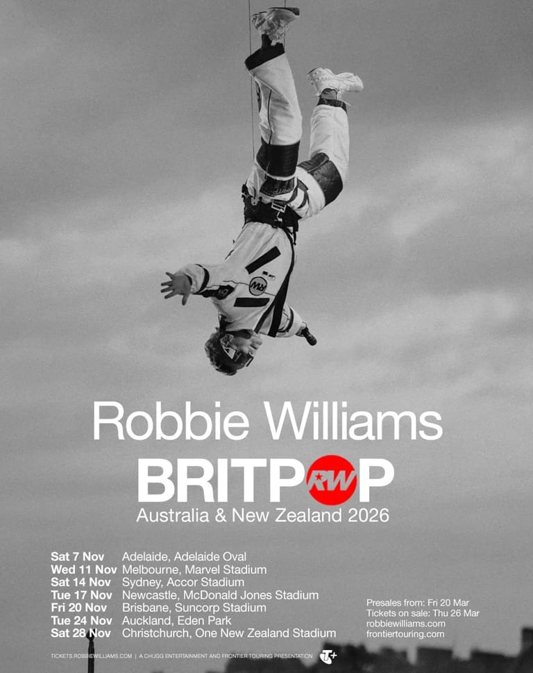 Robbie Williams performs an inverted aerial stunt against a cloudy sky on his BRITPOP tour poster.