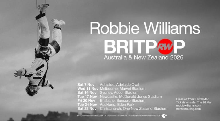 Performer executing an aerial stunt against grey sky during BRITPOP Australia & New Zealand 2026 tour advertisement.