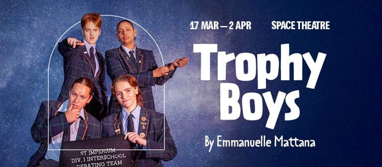 Four men in suits posed within a circular frame against a blue starry background for Trophy Boys theatre production.