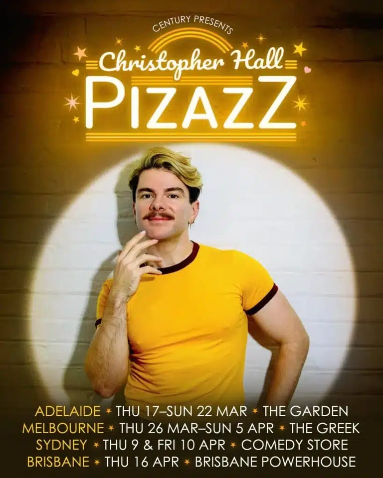 Performer in a bright yellow t-shirt with a hand to his chin poses against a warm golden spotlight, with "Christopher Hall: Pizazz" text above.