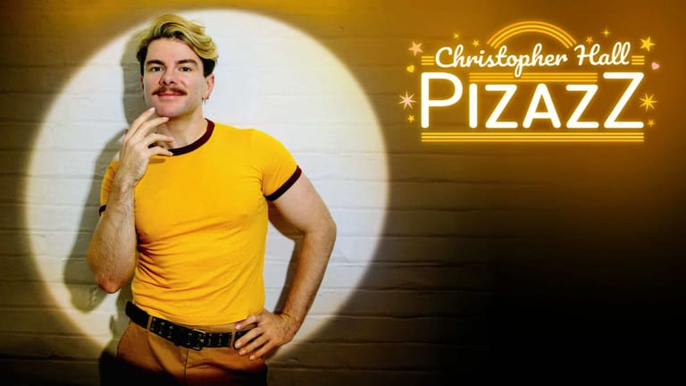 Man in yellow t-shirt poses thoughtfully against warm golden lighting with "Pizazz" text overlay.