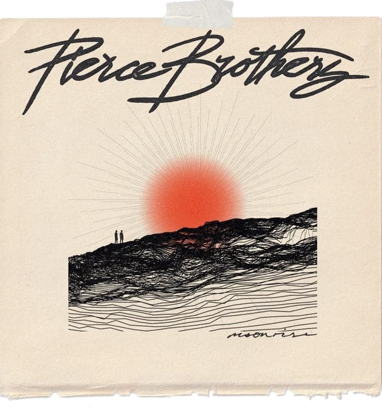 Pierce Brothers album cover featuring stylised landscape with red moonrise above black line-drawn terrain and two figures on a hill.