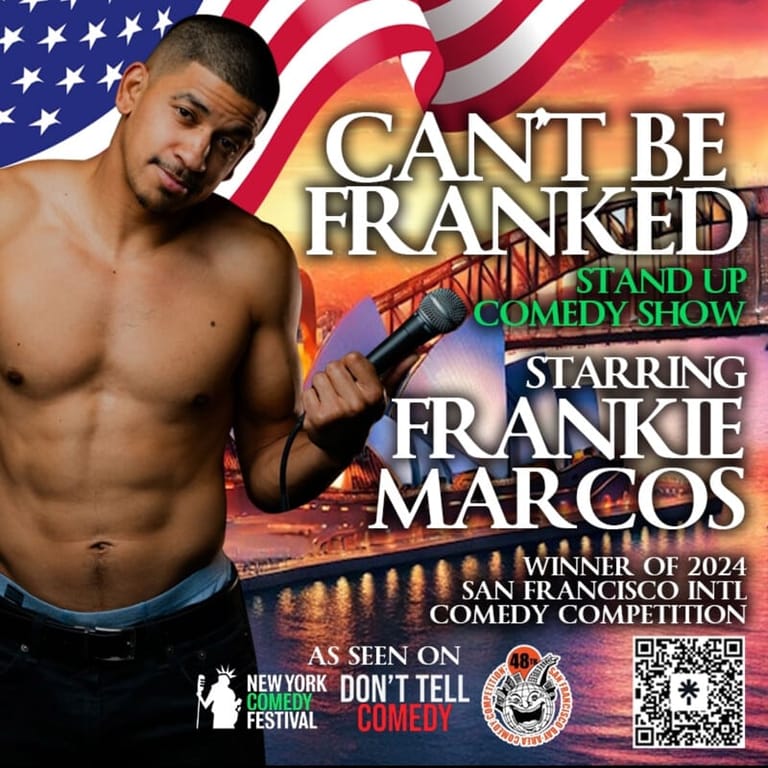 Shirtless male performer posed against American flag and sunset backdrop for stand-up comedy show promotional poster.