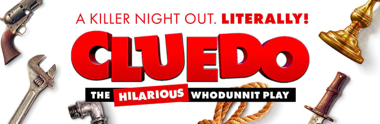 Cluedo The Play promotional graphic featuring red title text with weapons and a golden bell on white background.