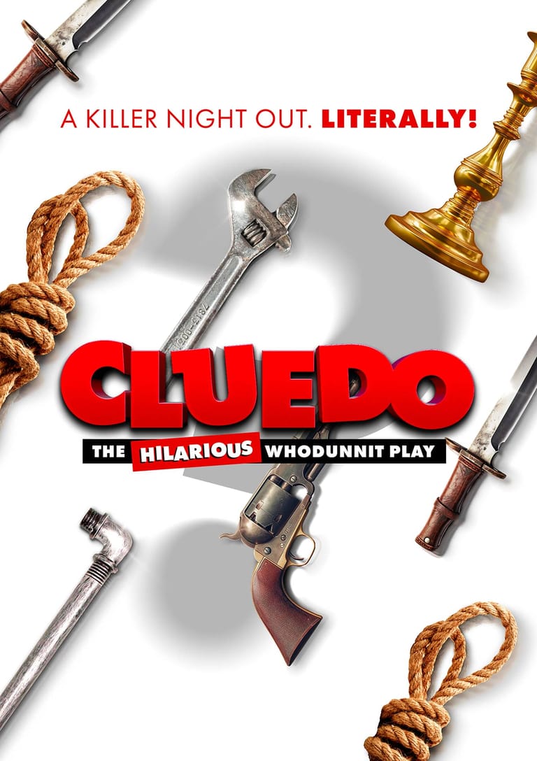 Weapons and props arranged around red "CLUEDO" text with tagline "A killer night out. Literally!" on white background.