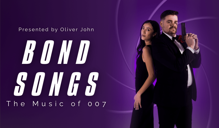 Two performers in formal attire posed against purple lighting for a Bond Songs concert presentation.