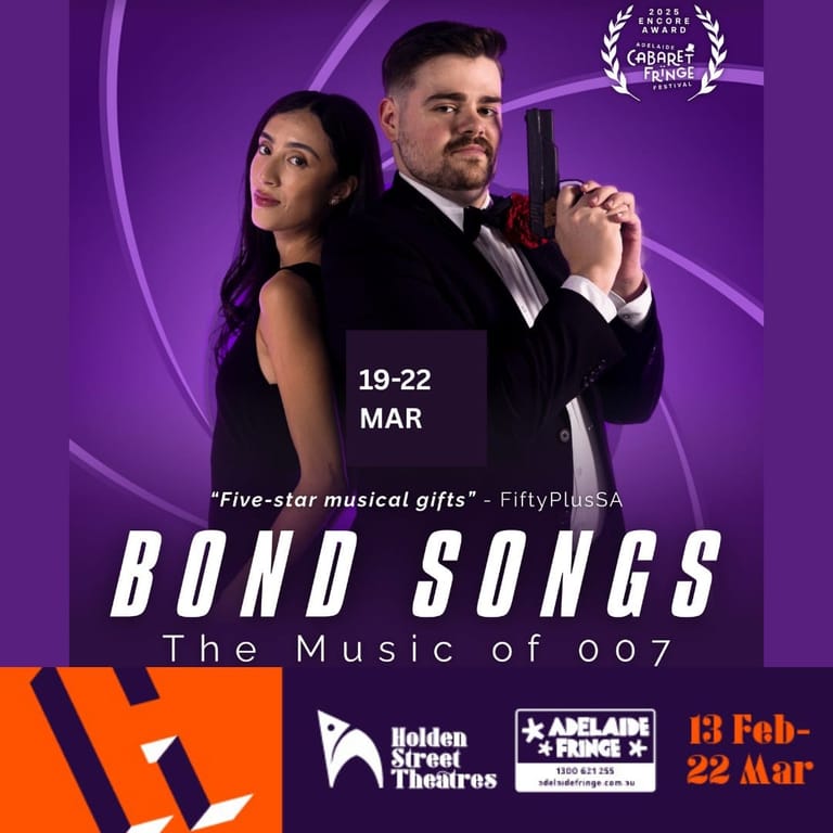 Two performers in formal attire pose against a purple stage backdrop with Bond Songs theatrical branding and dates.