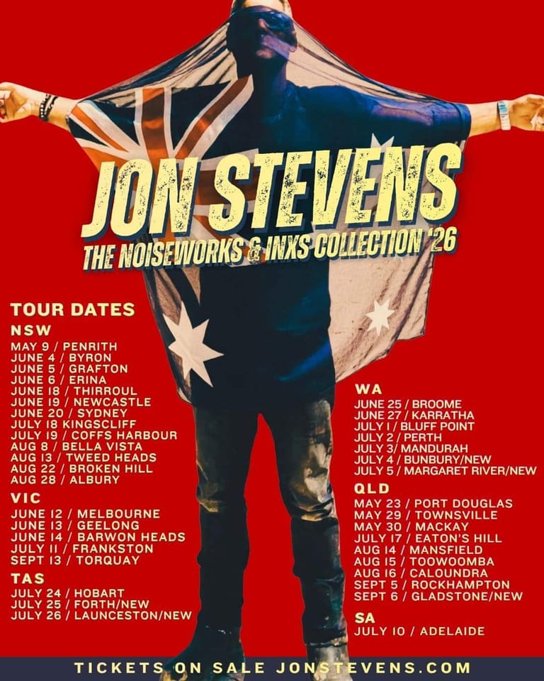 Performer in Australian flag bodysuit with arms outstretched against red background promoting Jon Stevens tour dates across Australian cities.