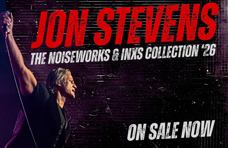 Performer with fist raised on stage beneath red text reading "JON STEVENS THE NOISEWORKS & INKS COLLECTION '26" tour promotion.