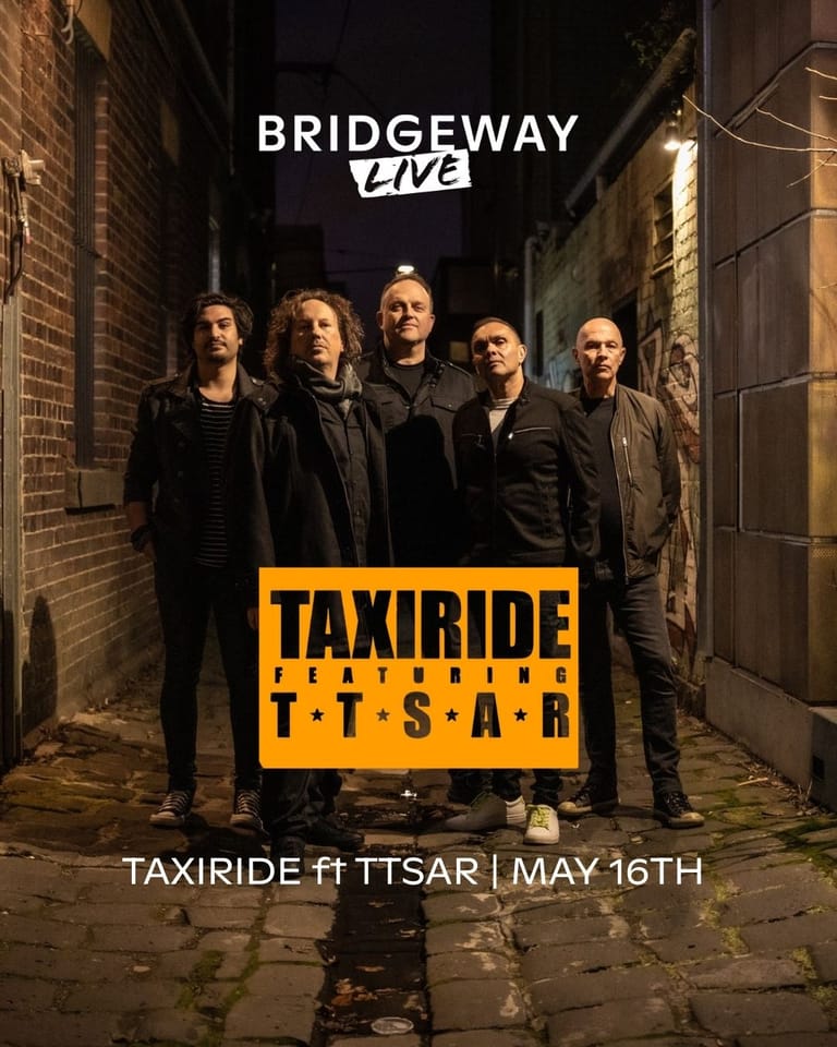 Five musicians stand in a brick alleyway beneath the Bridgeway Live sign for a Taxiride and TTSAR concert.