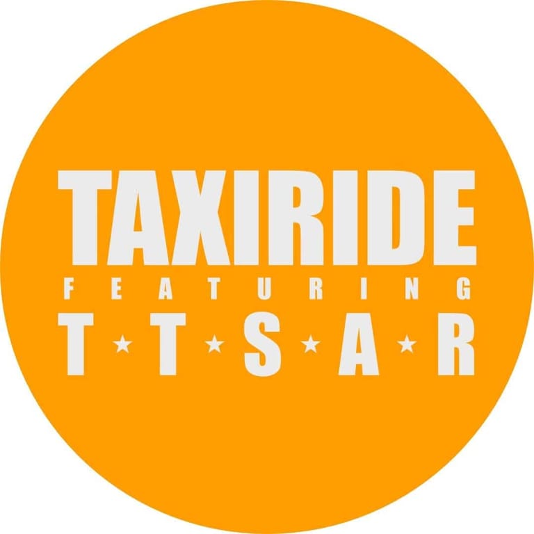 Orange circular logo with white text reading "TAXI RIDE featuring T*T*S*A*R".