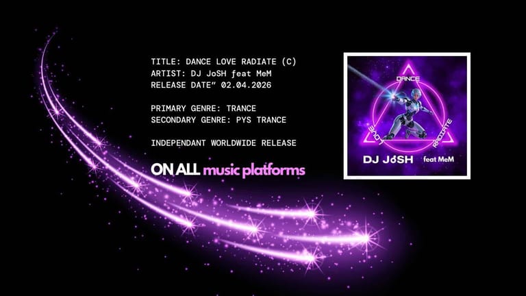 DJ J46H seated at decks within a glowing purple triangular frame against a dark background with swirling neon light effects.