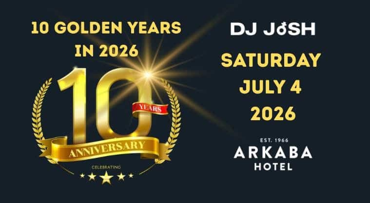 Gold anniversary logo and event details for a 10-year celebration featuring DJ JōSH at Arkaba Hotel on Saturday, July 4, 2026.