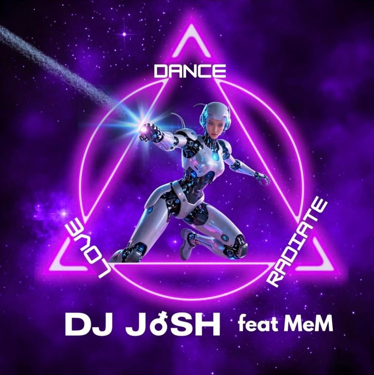 Futuristic android dancer posed within neon triangle and circle design against purple cosmic background.