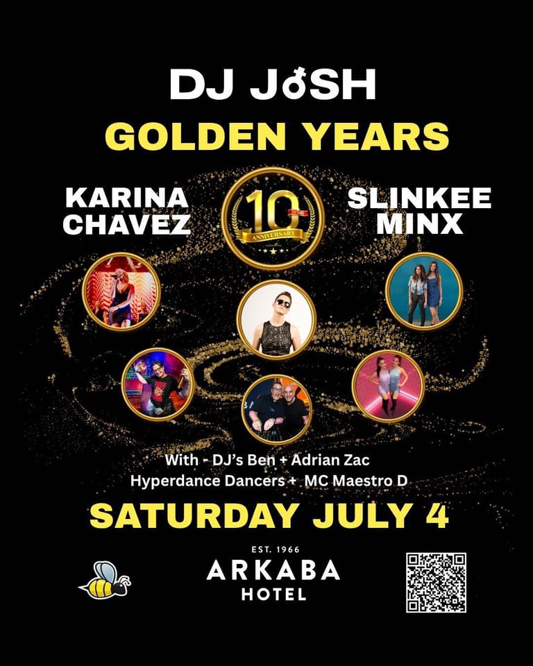 Promotional poster for DJ JôSH's Golden Years event featuring performer photos and event details for Arkaba Hotel, 4 July.