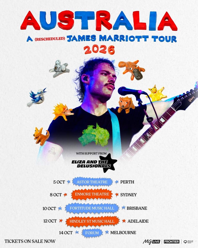 Musician with microphone and guitar surrounded by colourful animated characters promoting Australia tour dates across five cities in October 2028.