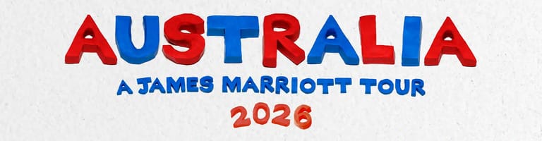 Colourful block letters spelling "AUSTRALIA" with "A JAMES MARRIOTT TOUR 2026" text below on white background.