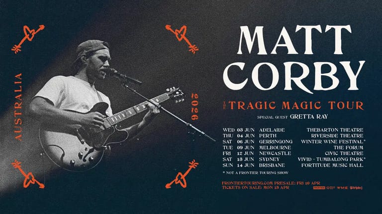 Matt Corby plays electric guitar against a dark background with tour dates and venue information displayed.