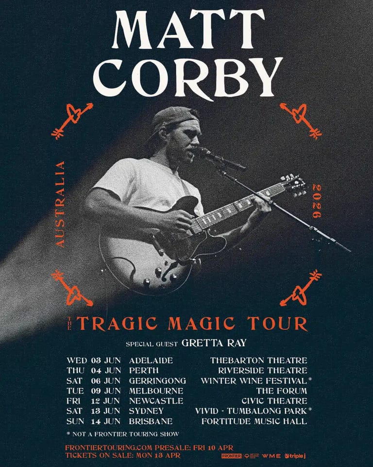 Guitarist Matt Corby performs on stage with microphone during Tragic Magic Tour, accompanied by tour dates and venues.