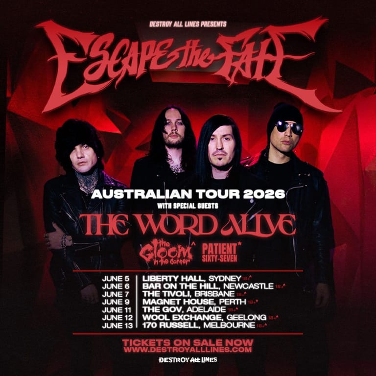Four band members stand against a red backdrop beneath the Escape the Fate logo and Australian tour 2026 dates.