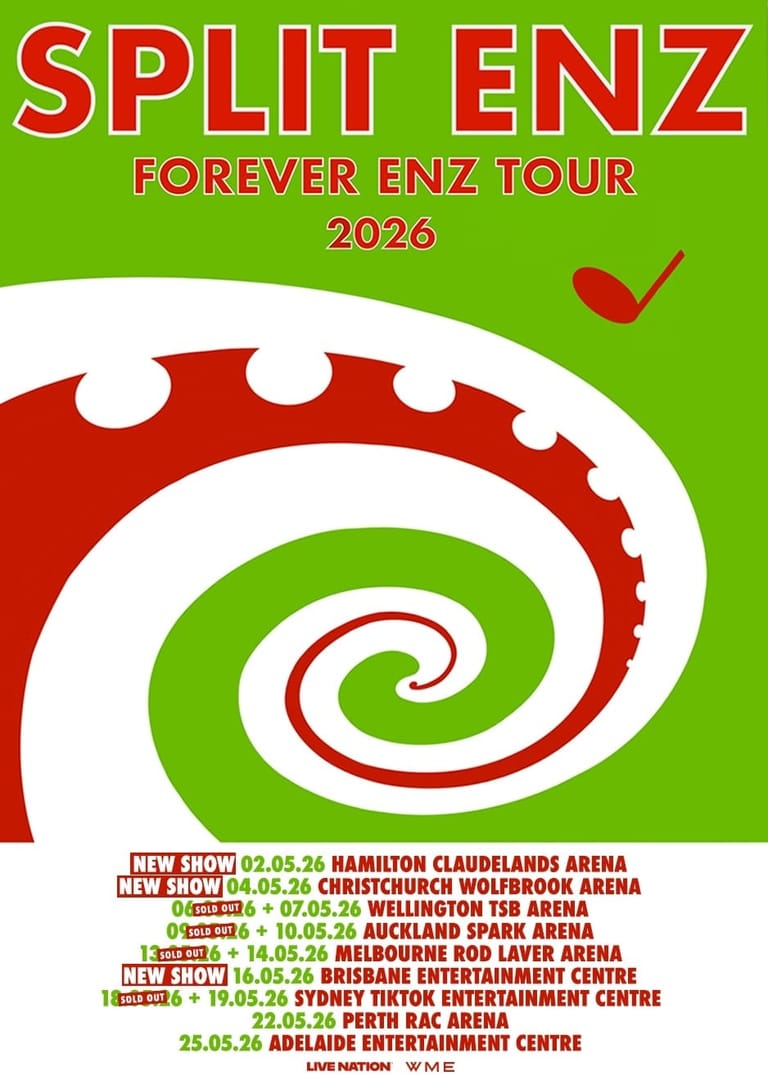 Split Enz Forever Enz Tour 2026 poster featuring red and white spiral design on bright green background with tour dates.