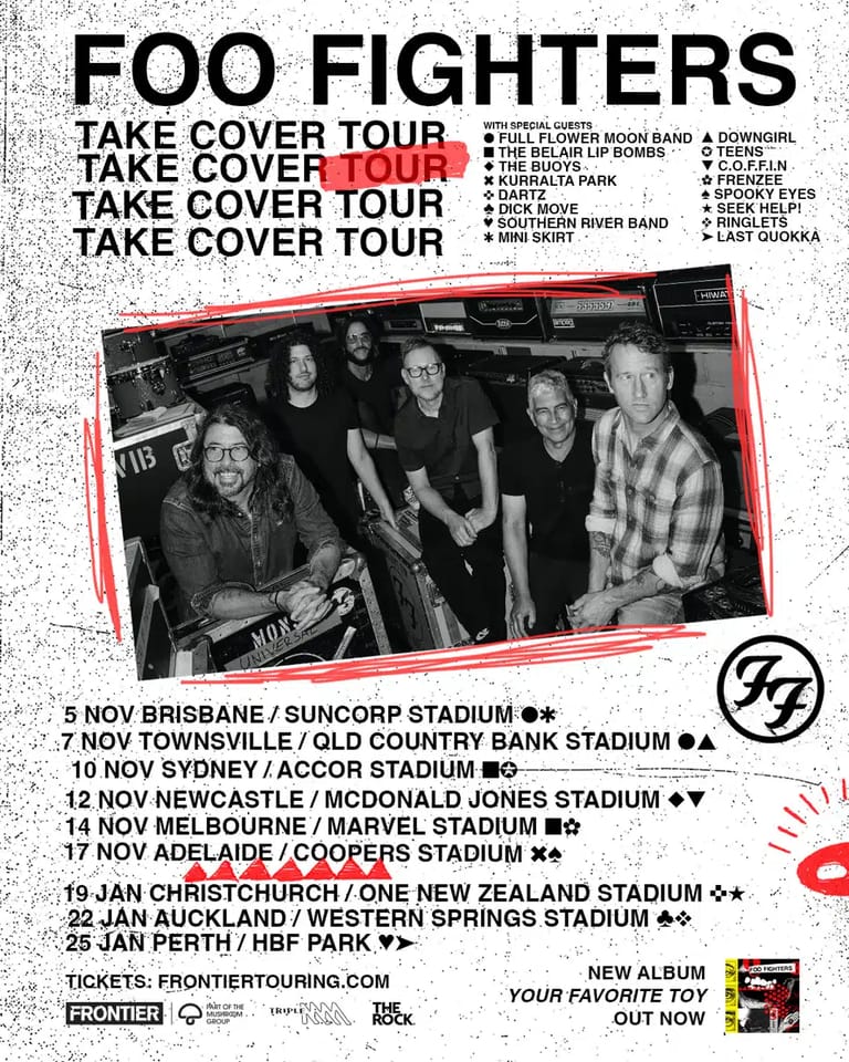 Five members of Foo Fighters stand together in a black and white photograph framed in red on a tour poster.
