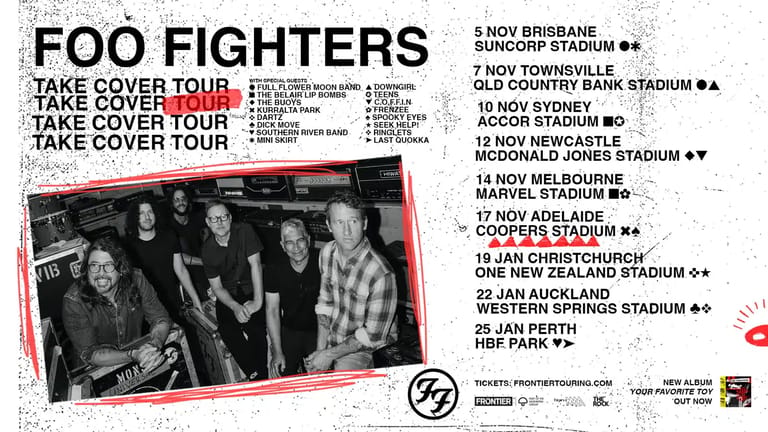 Foo Fighters band members pose together in black and white during Take Cover Tour promotional material listing Australian and New Zealand dates.