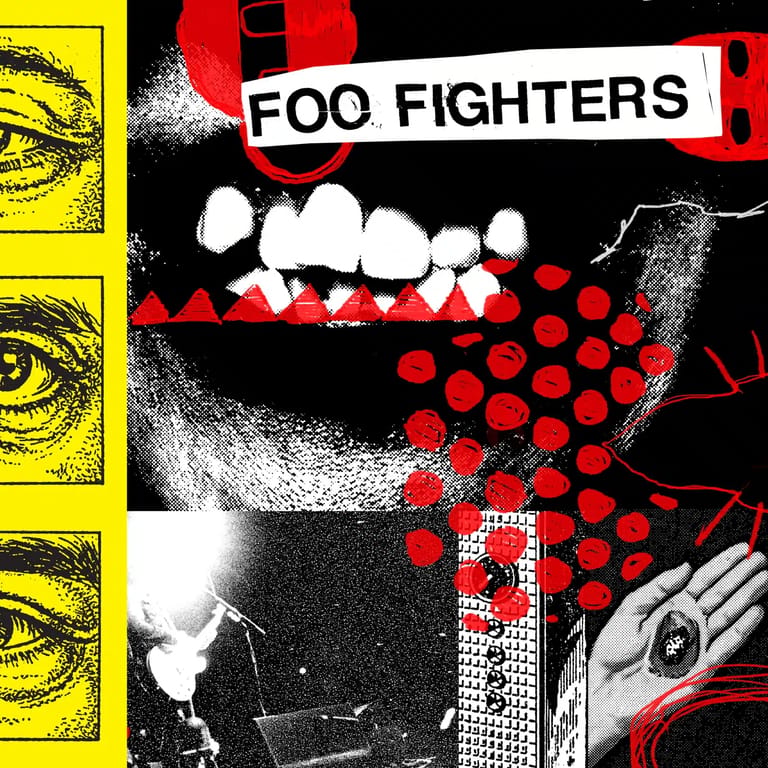 Foo Fighters tour poster featuring bold graphic design with repeated yellow faces, white teeth, and red polka dot pattern.